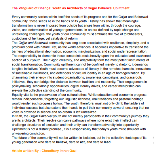 The Vanguard of Change: Youth as Architects of Gujjar Bakerwal Upliftment